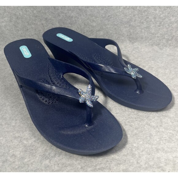 Oka-B Joy‎ Wedge Sandals Womens Large Navy Blue Starfish Sparkle Thong Flip Flop - Picture 4 of 15